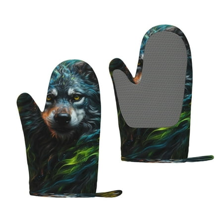 

Zufioo Realistic Style Green Fur Wolf Print Silicone Anti-Scalding Gloves Kitchen Hanging Rope Gloves Kitchen Utensils Suitable for Barbecue Baking Cooking