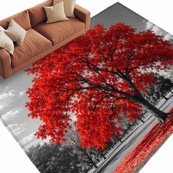 Red Tree Leaves Area Rug 5x7 Washable Rug Non Slip Autumn Plants Vintage Country Large Area Rug Soft Stainresistant Indoor Floor Carpet for Living Room Bedroom Home Office Dining Room Nursery