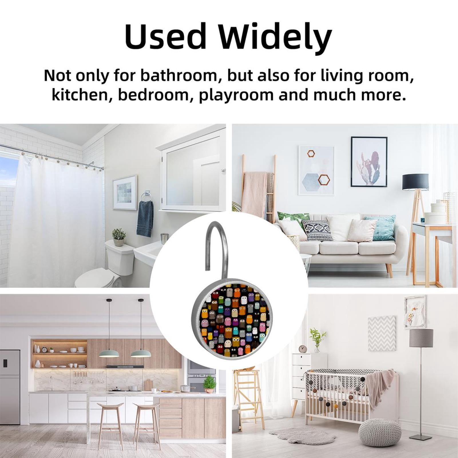 12pcs Decorative Shower Curtain Hooks, Rust Resistant Shower Rings for Bathroom Living Room,Rustproof Stainless Steel Rings for Shower Curtain and Liner Rods,Colorful Owls Pattern
