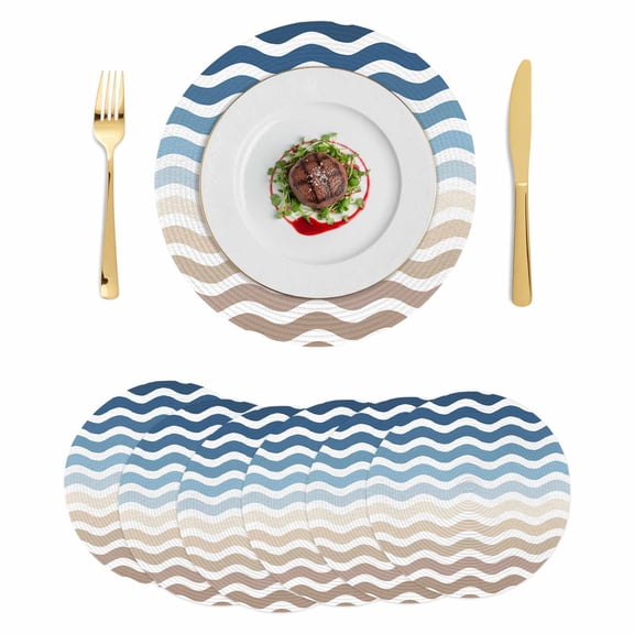 Navy Blue Brown Ombre Moire Round 15 Inch Placemats Set of 6, Water Ripple Stripe Farmhouse HeatResistant Non Slip Place Mats for Dining Table, Wipeable Braided Kitchen Table Mats for Housewarming