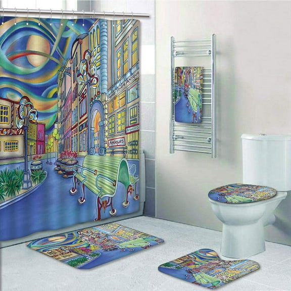 PRTAU Seattle Downtown Modern City Colorful Oil Painting Effect 5 Piece Bathroom Set Shower Curtain Bath Towel Bath Rug Contour Mat and Toilet Lid Cover
