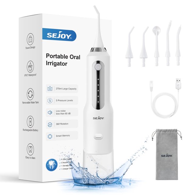 Irrigador dental inalámbrico 270ML Depósito, 5 modos 5 puntas de chorro, IPX7 resistente al agua, Blanco