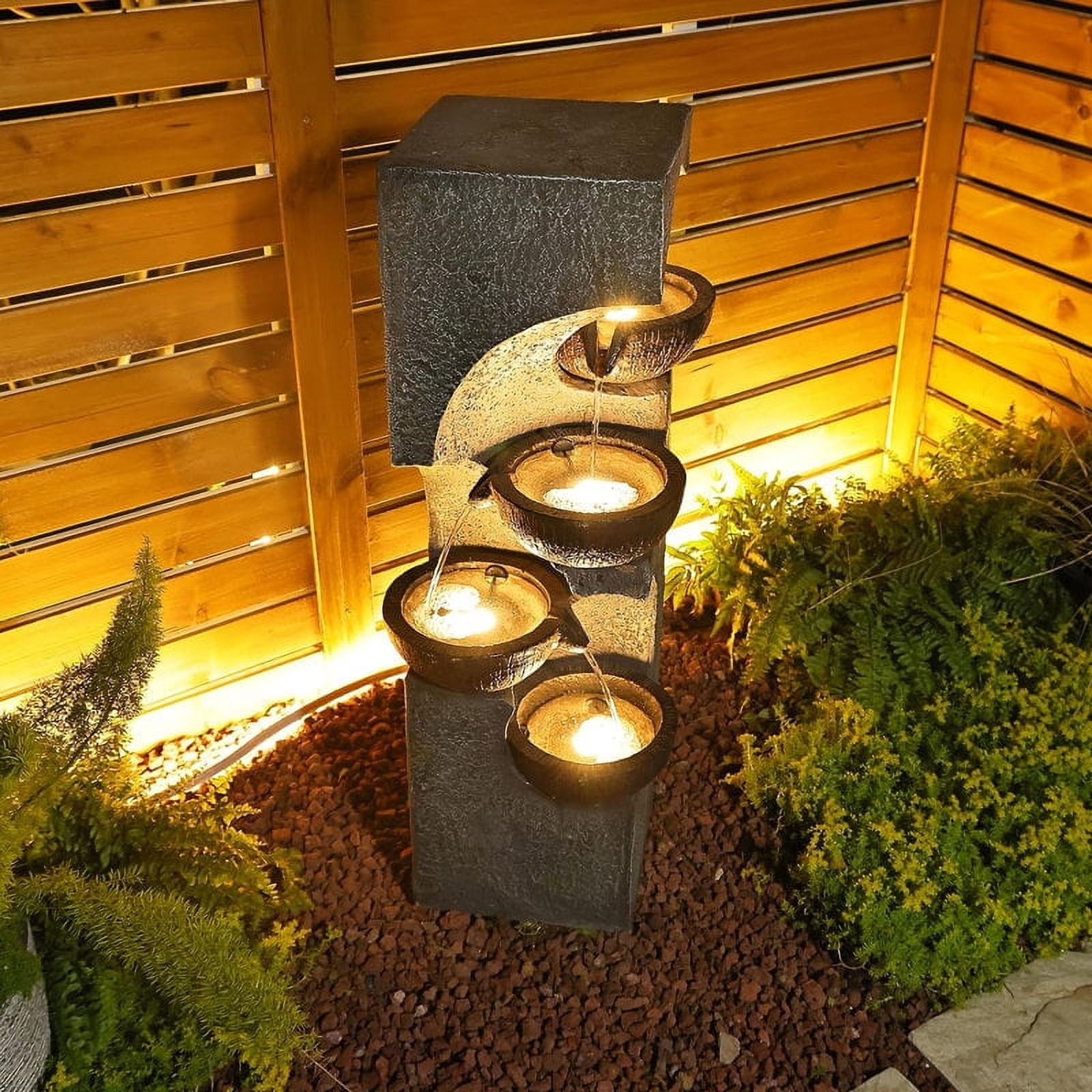 Water Fountain 4-Tier Outdoor Floor Standing Fountains and Waterfalls with LED Lights and Bowls for Garden, Living Room, Patio, Home Decor