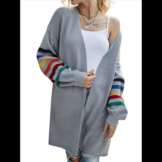 Cárdigan Abierto para Mujer, Suéter de Punto Holgado con Bloques de Color y Rayas, Abrigo Exterior. Gris XL