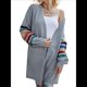 thumbnail image 1 of Cárdigan Abierto para Mujer, Suéter de Punto Holgado con Bloques de Color y Rayas, Abrigo Exterior. Gris M, 1 of 10