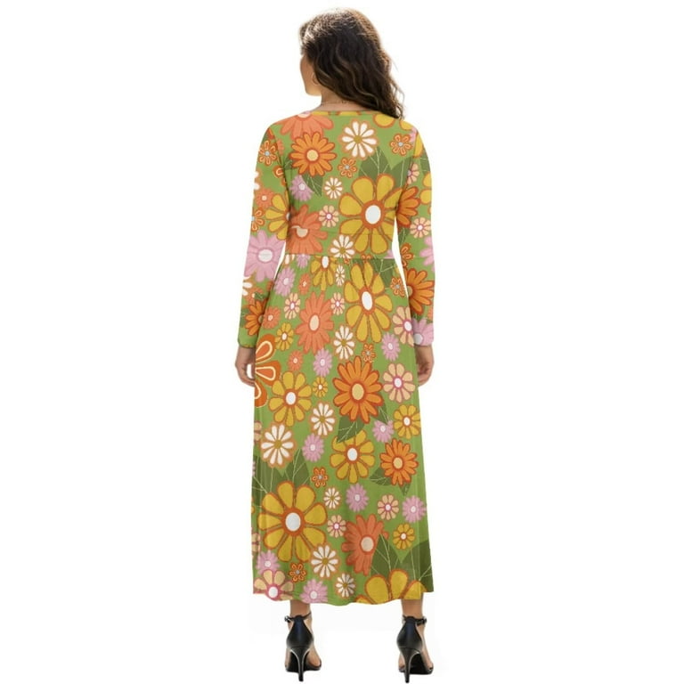 Fkelyi Hippie Daisy Flower Print Womens Long Sleeve Fall Dress V Neck Maxi Casual Dress with Pockets Soft A-Line Flowy Tiered Waist Dresses for Ladies