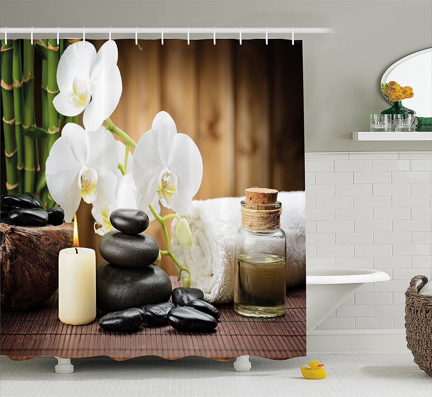 Spa Decor Shower Curtain by , Asian Spa Style Decoration with Zen