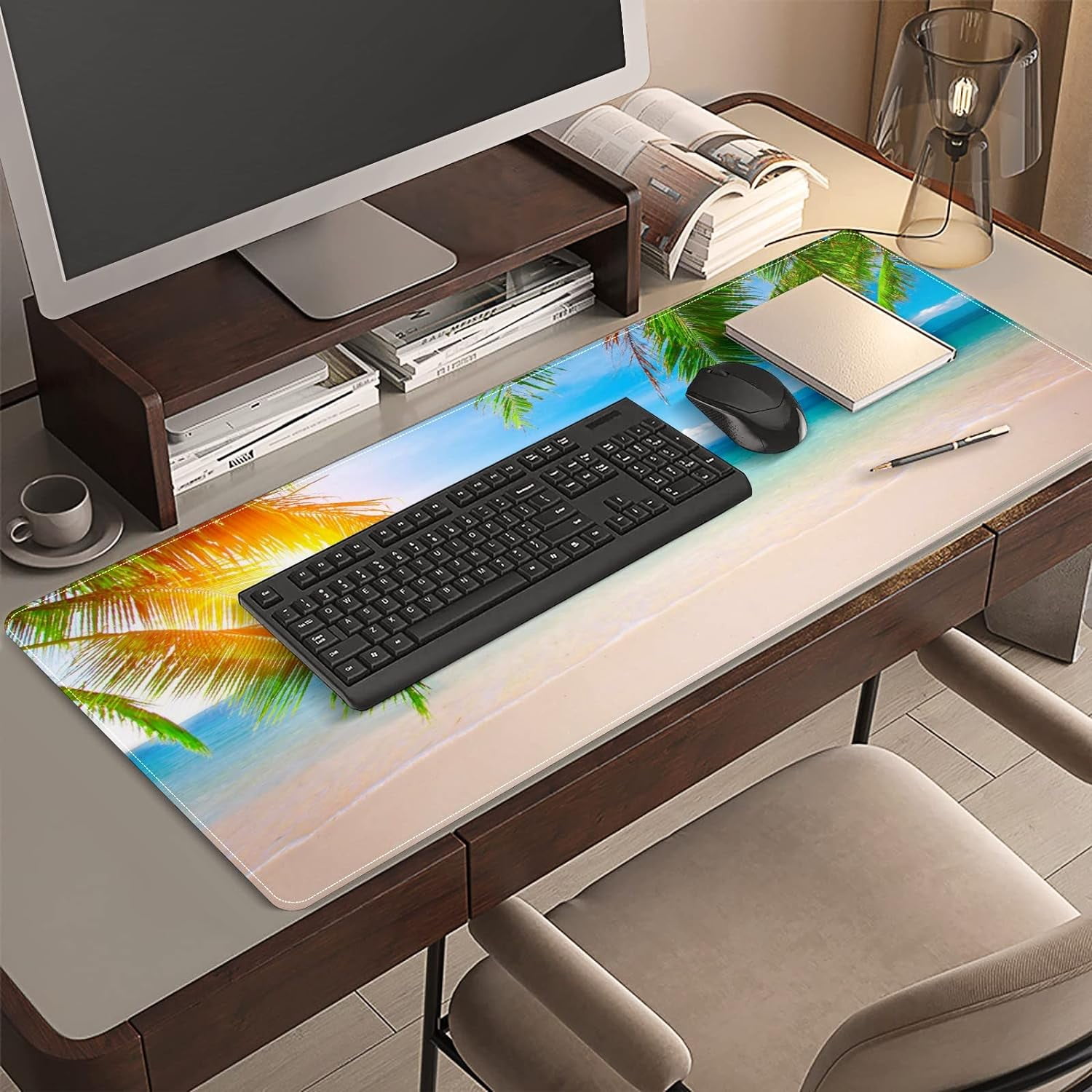 Sunshine Tropical Palm Trees Beach Desk Mat, Desk Accessory, Cute Workspace, Trendy Workspace, Trendy, 35.4x15.7in Large Gaming Mouse Pad, Cute Desk Topper, Pretty Desk Pad