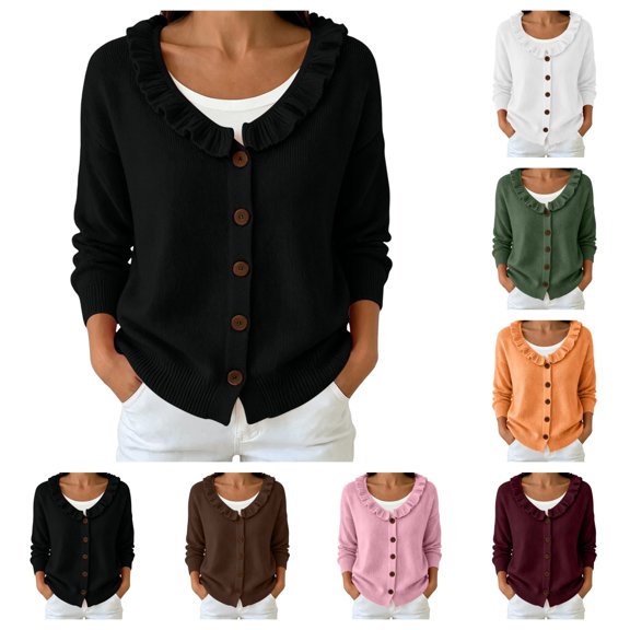 SAWOBUUN Womens Ruffle V Neck Knit Cardigan Button Down Long Sleeve Casual Lightweight Sweater Jacket