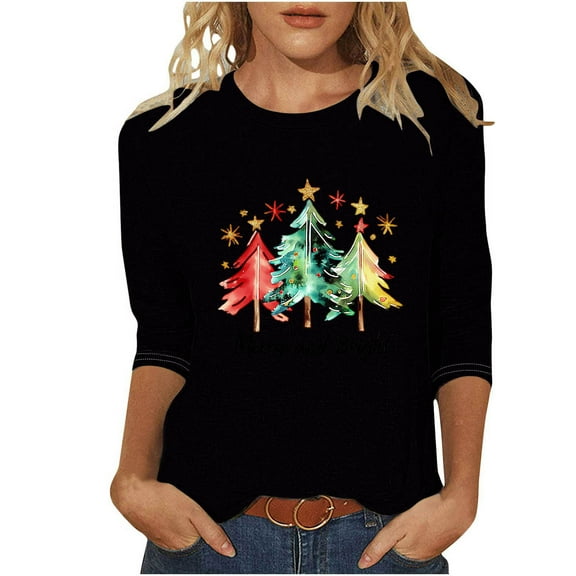 asdoklhq Christmas Fall Sweaters for Women 2025 Women's Fashion Printed T-shirt 3/4 Sleeves Blouse Round Neck Casual Black 4X