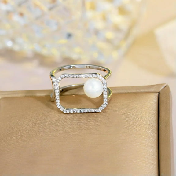 Top CZ Open Cuff Square Rectangle Pearl Ring Silver Plated Jewelry Accessories