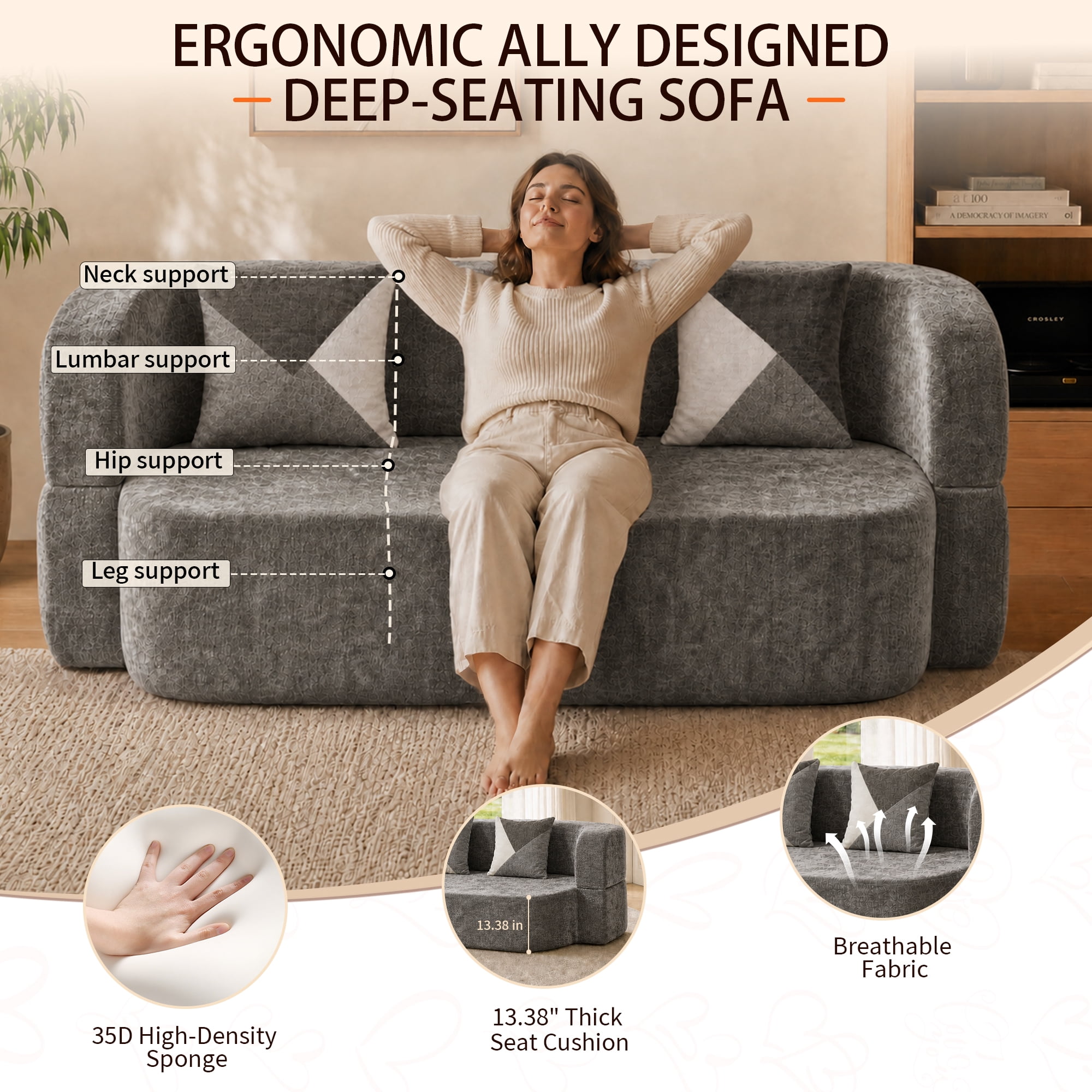 78.74"W Eggshell Convertible Sofa,Floor Couch,Sleeper Sofa Bed,No Assembly High-Density Sponge Loveseat with 2 Pillows for Living Room, Apartment,Small Spaces,Charcoal Gray