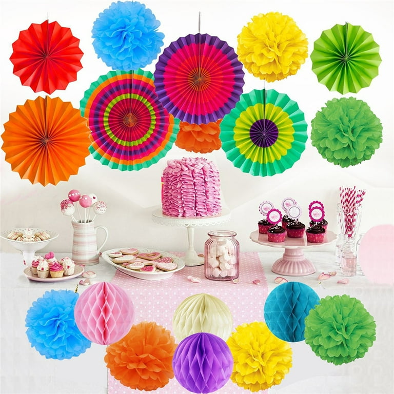 mnjin hanging paper fans flower ball tissue paper flower and honeycomb  balls multicolor 