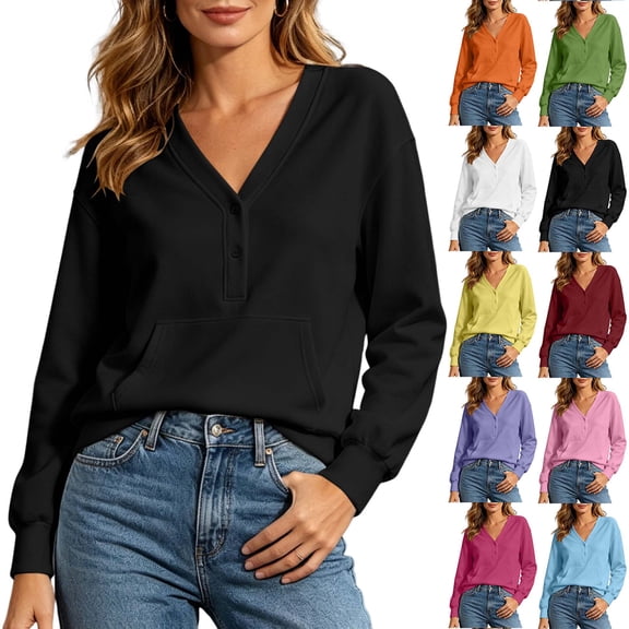 DYTTDG Women's Henley V-Neck Sweatshirt, Button Front Long Sleeve Casual Pullover with Kangaroo Pocket for Fall & Winter