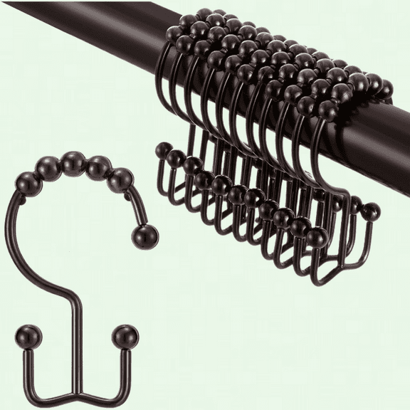 Double Sided Shower Hooks Rust Proof, Set of 12, Brushed Bronze - Durable Stainless Steel Bathroom Shower Curtain Hangers