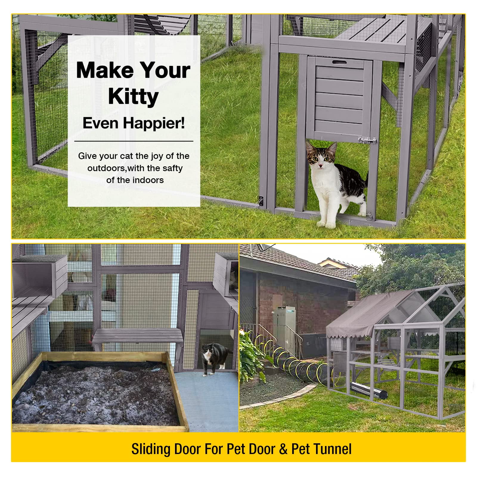 Aivituvin 110'' Extra Large Catio Outdoor Cat Enclosure, Walk-in Wooden Cat Cage with Bridges, Platforms, Rest Rooms, Roof Cover