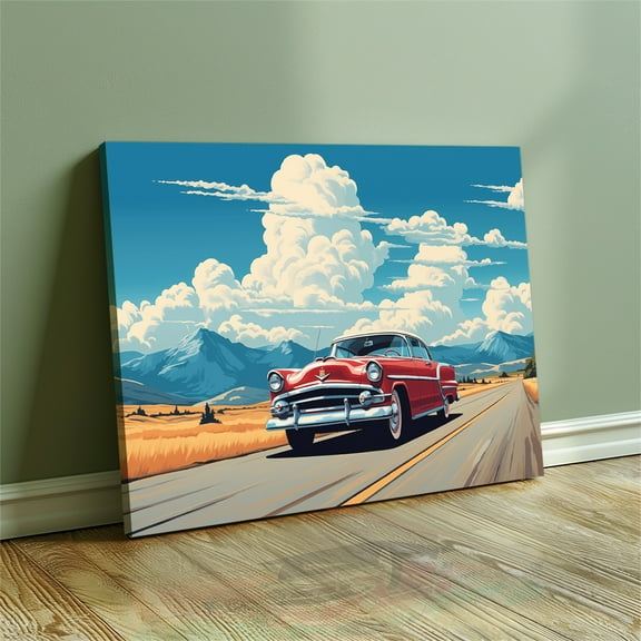 Illustration of A Classic Car Driving Along An Open Road From The 1950s Poster Canvas Print Wall Art Bedroom Room Aesthetics Decoration