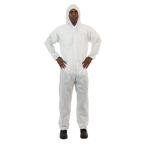 White SMS Coverall with Attached Hood, Elastic Wrist & Ankle