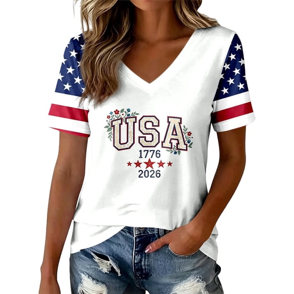 WAYUTE Women T-Shirts Stripes & Stars Pattern USA 1776-2026 Letter Print V Neck Short Sleeve For 4Th Of July Office Leisure Tee,White,S