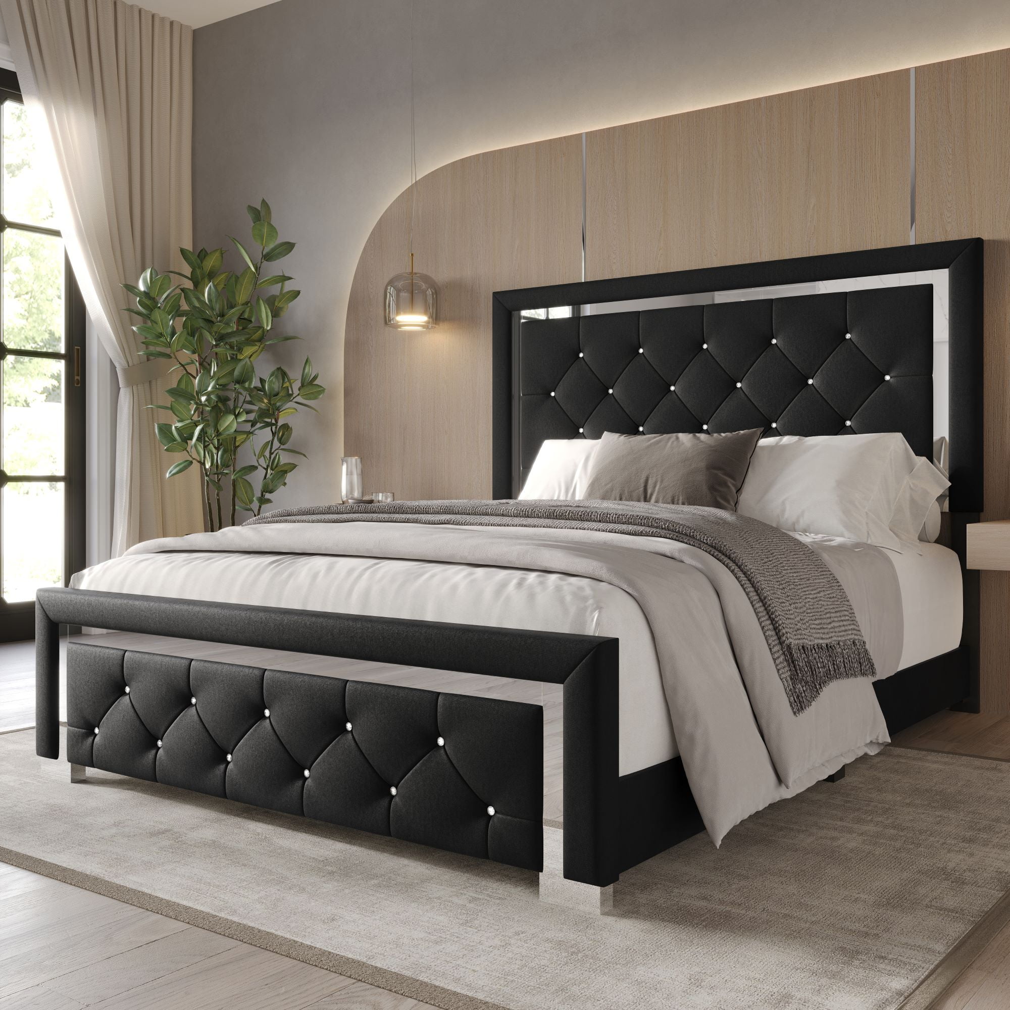 Home Design Toccoa Full Upholstered Panel Bed Frame with Diamond Button-Tufted Headboard and Silver Metal Accents, Black, Easy Assembly