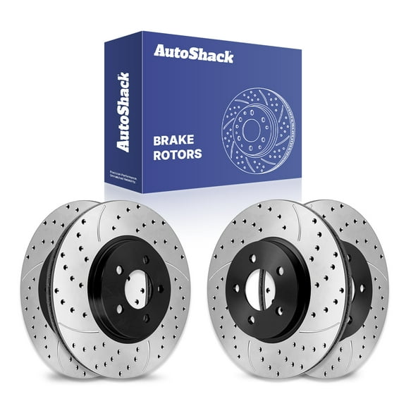 AutoShack Front Vented & Rear Vented Drilled & Slotted E-Coated Brake Rotors 4-PC Set Replacement for 2005-2010 Ford Mustang ShadowGuard