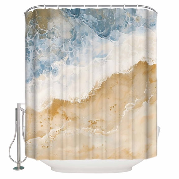 Abstract Beach Ocean Shower Curtain, 60" x 72", Summer Coastal Sea Waves Beige Gradient Waterproof Bathroom Curtain Washable Shower Curtain Set with 12 Hooks