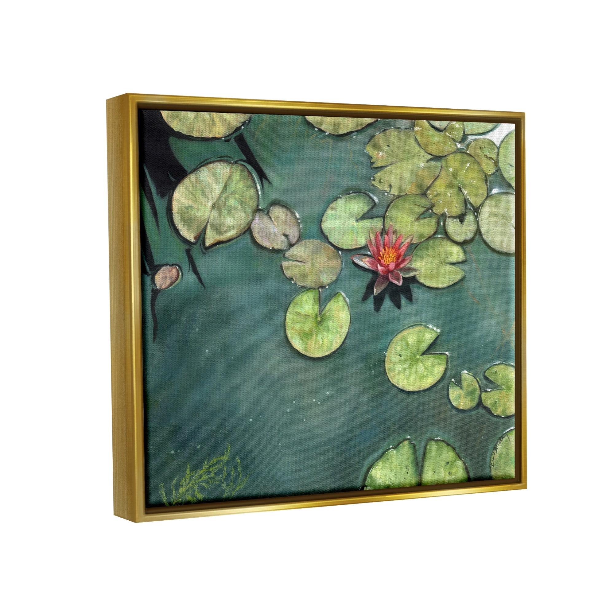 Stupell Industries Pond Lily Lotus Blossom Floating Peaceful Botanicals Painting Metallic Gold Floating Framed Canvas Print Wall Art, Design by David Stribbling