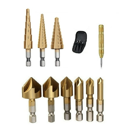

CACAGOO 11 Pieces Step Drill Bit Set High-Speed Steel Step Drill Bit Set with Automatic Spring Loaded Center Punch Countersink Drill Bit Set Storage Bag for Wood Metal