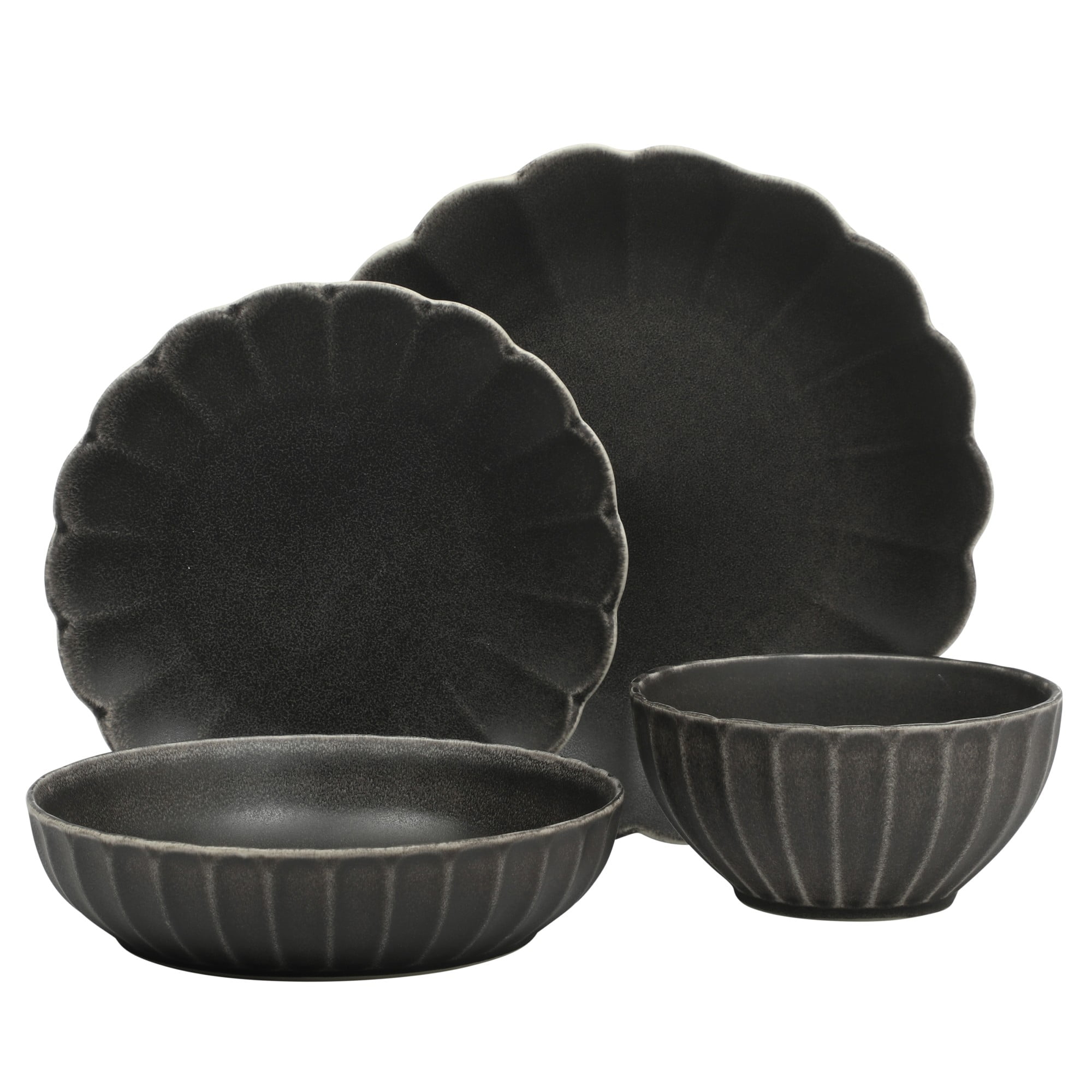 Gibson Elite Malibu Shore 16 Piece Scallop Stoneware Reactive Glaze (Service for 4) Ceramic Plates and Bowls Dinnerware Set - Black