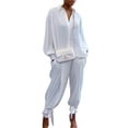 thumbnail image 2 of Txlixc, 2 uds., conjuntos de otoño para mujer, camisa de manga larga con solapa acanalada de Color sólido + traje de pantalón largo para mujer, negro/verde/blanco/azul Txlixc  Moda, 2 of 8