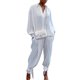 thumbnail image 2 of SAYOO , 2 uds., conjuntos de otoño para mujer, camisa de manga larga con solapa acanalada de Color sólido + traje de pantalón largo para mujer, negro/verde/blanco/azul SAYOO Moda, 2 of 8