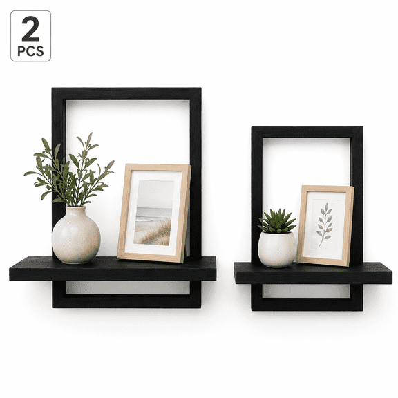 Square Floating Shelves, Solid Wood Wall-Mounted Plant Stand, Space-Saving Shelf for Bathroom, Office, Bedroom Decor, Set of 2