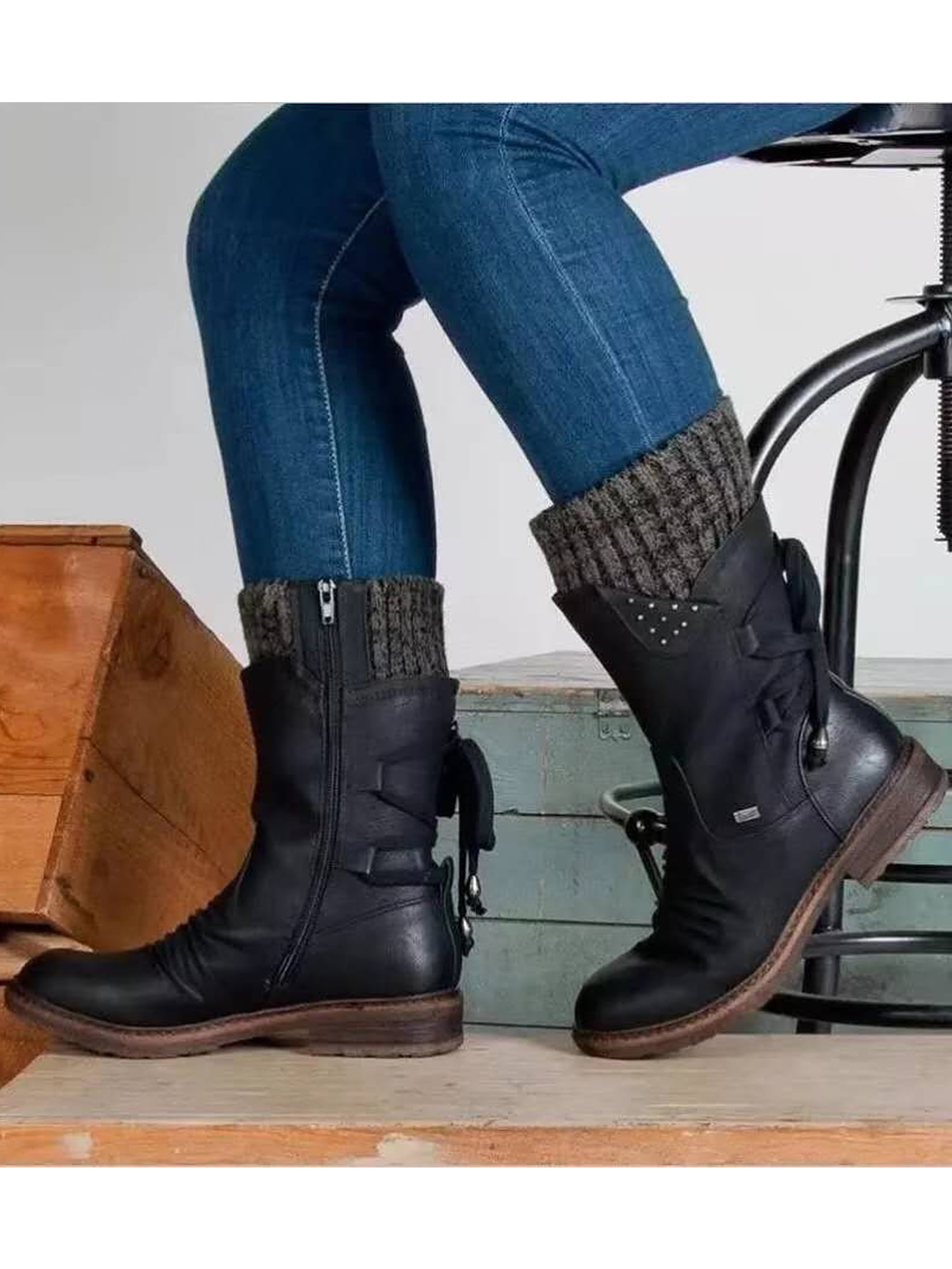 Details about   Women's Casual Lace Up Low Heel Motorcycle Buckle Mid Calf Riding Boots Winter D 
