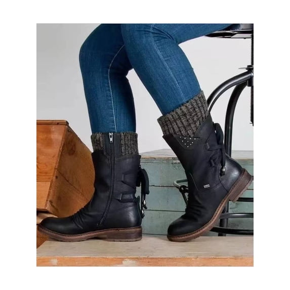 Avamo Womens Mid Calf Boots Flats Low Heels Lace Up Shoes Winter Warm Boots Shoes Size