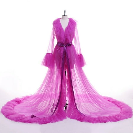 

Douhoow Women Bathrobe Sheer Mesh Tulle Perspective Ruffles Floor Long Night Robe Sleepwear