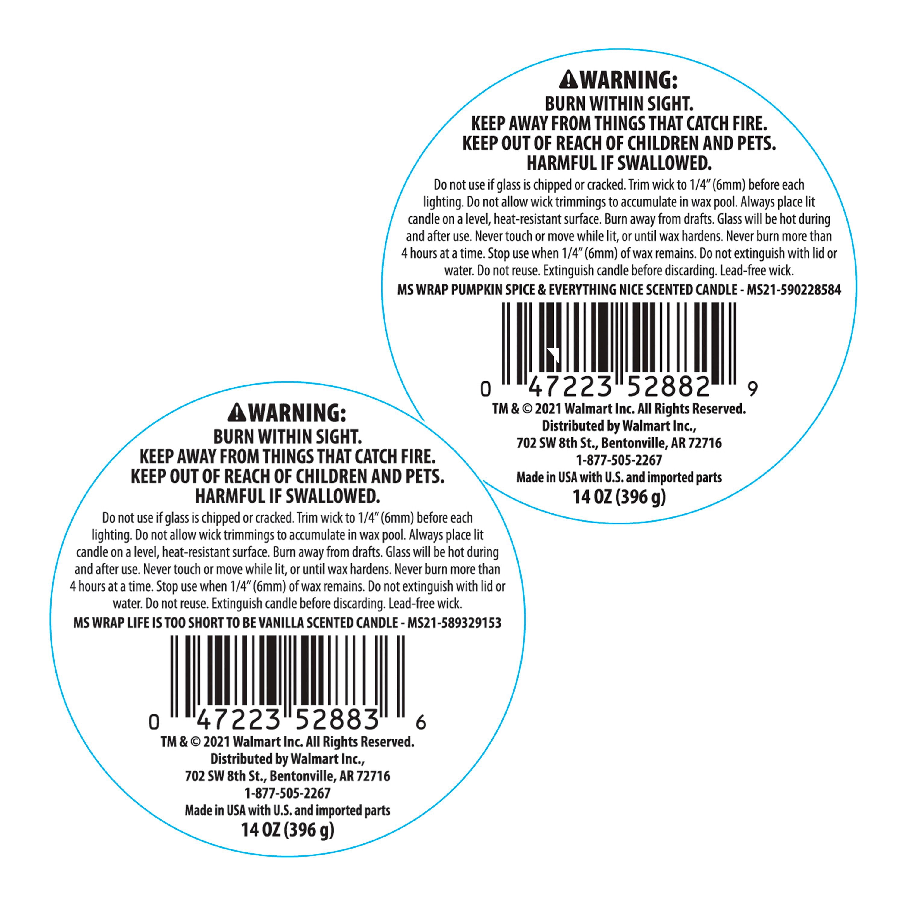 Mainstays Life is Too Short to Be Vanilla & Pumpkin Spice and Everything Nice Scented 3-Wick Candles, 14 oz., 2-Pack