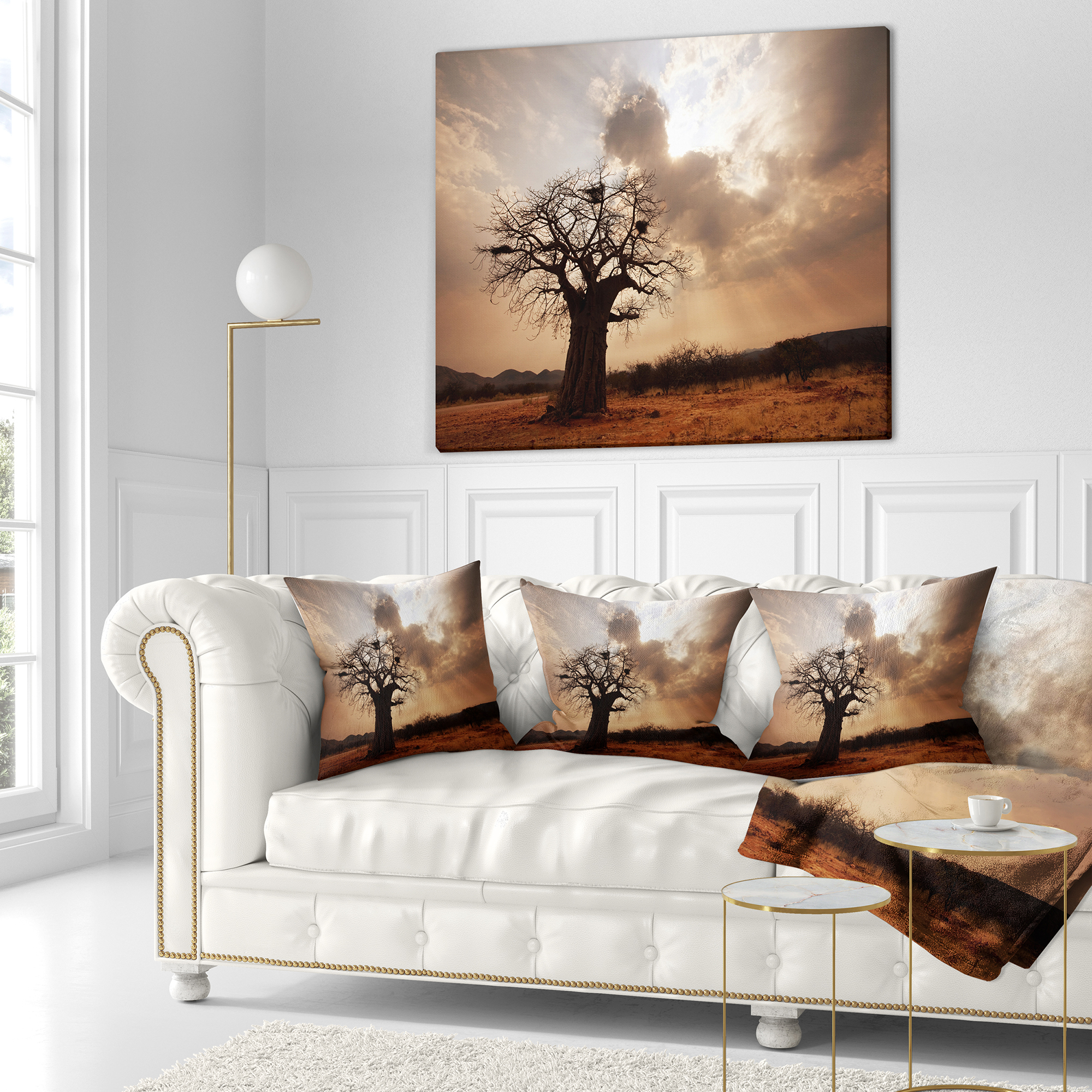 Designart Large Baobab Tree under Clouds - Modern Landscape Printed Throw Pillow - 16x16