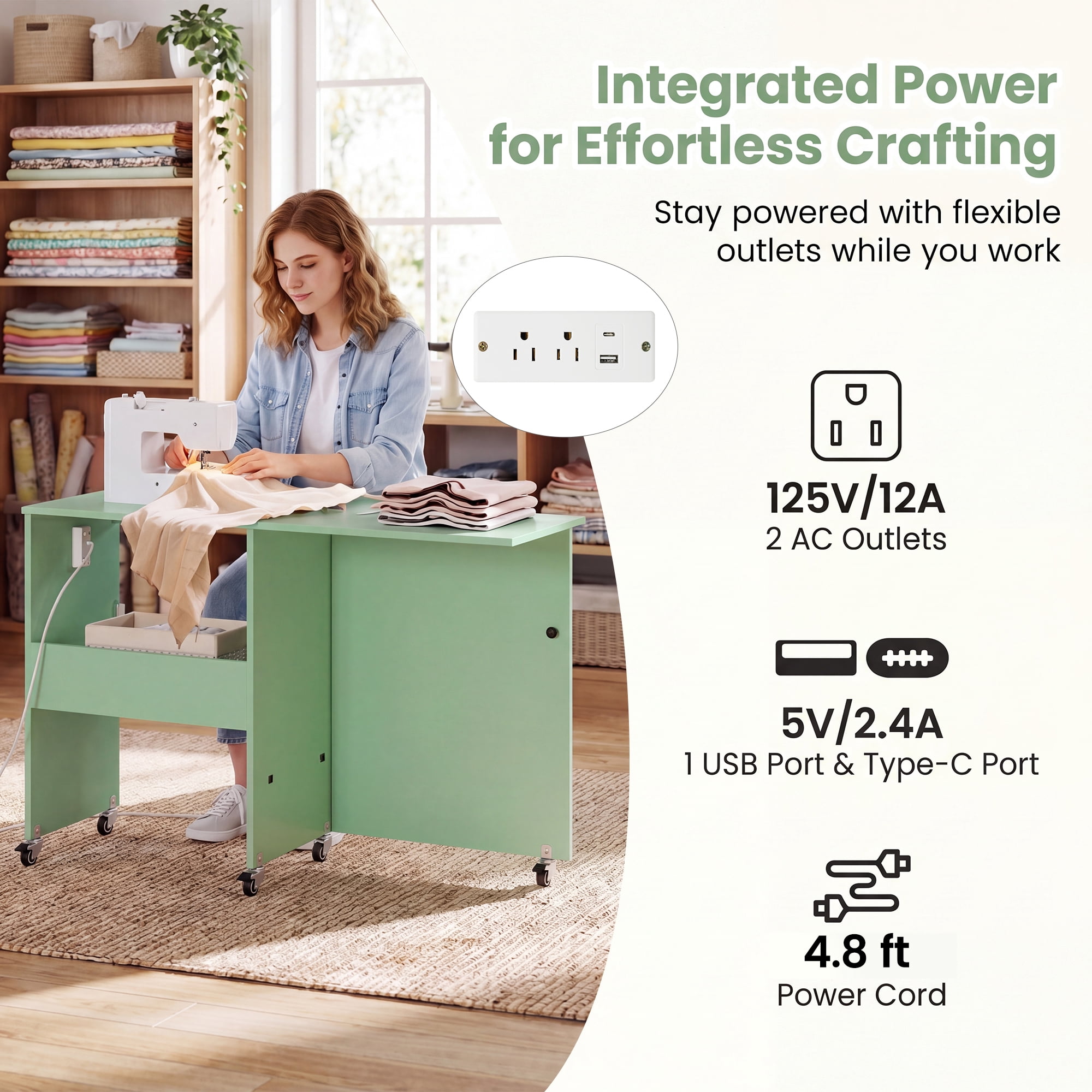 Costway Folding Sewing Machine Table with Power Outlets, 3 Storage Bins & Open Shelf Olive Green