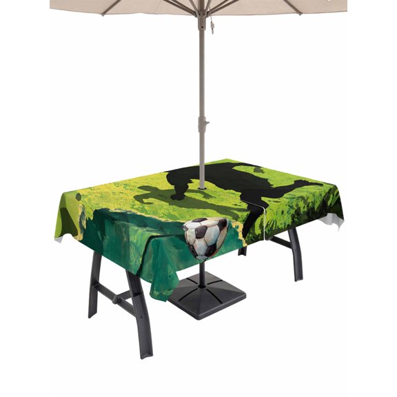 Outdoor Tablecloth with Umbrella Hole for Patio/Picnic/Party/Camping, Green Yellow Football Waterproof Table Cloth Rectangle Table Cover Washable, Soccer Black Player Silhouette (54"x 80")