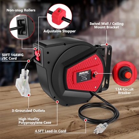 Himimi Retractable Extension Cord Reel, 50FT 14AWG/3C Power Cord Reel for Garage Workshop, Wall/Ceiling Mounted Extension Cord Reel, 3-Lighted Triple Outlets, UL Listed, 13A Circuit Breaker