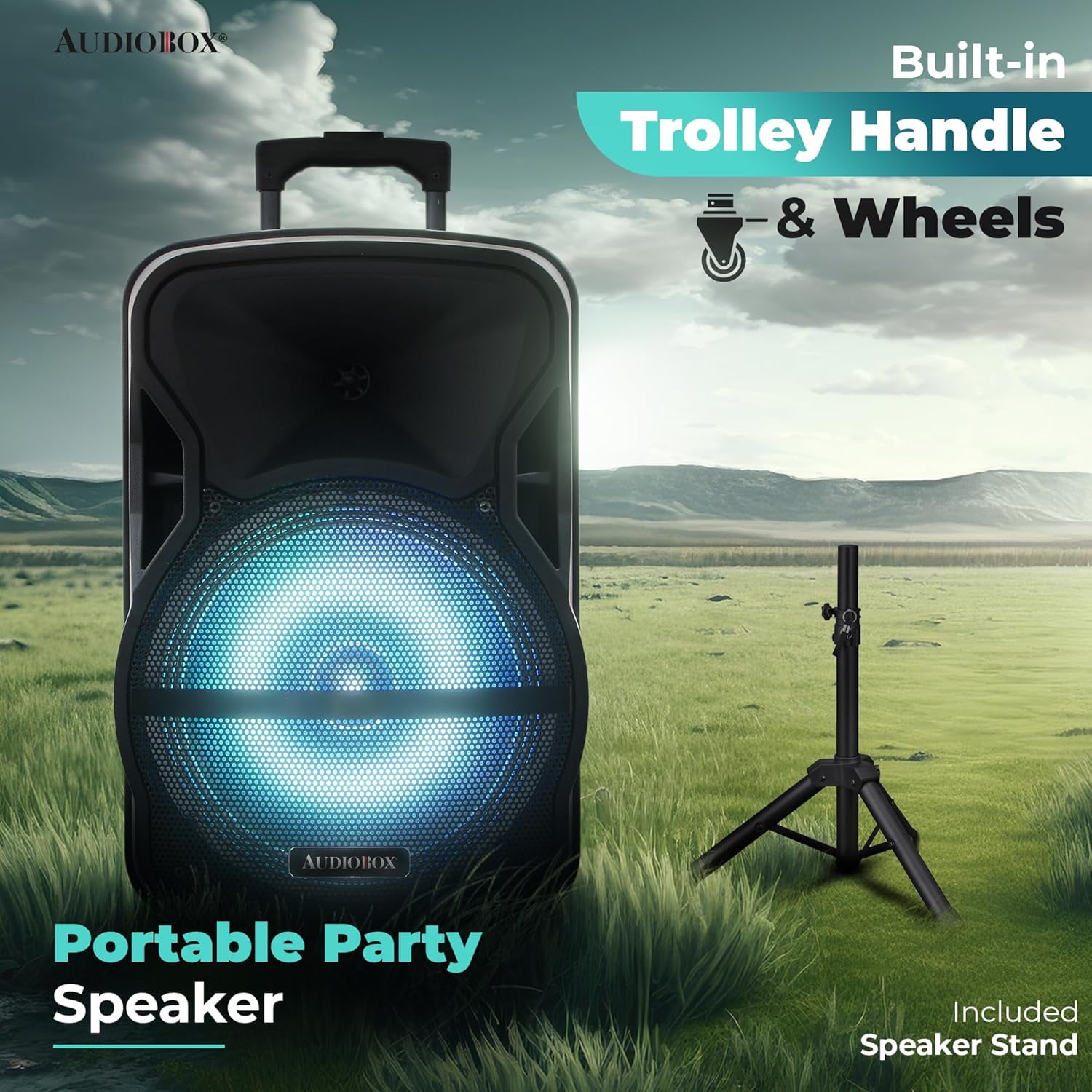 Audiobox ABX-12S 12" Portable Bluetooth PA Speaker w/Stand & Mic, USB, TF, FM, AUX, 1/4" Mic Jack, Rechargeable Battery, Trolley Handle & Wheels, Perfect for DJ, Parties, & Events