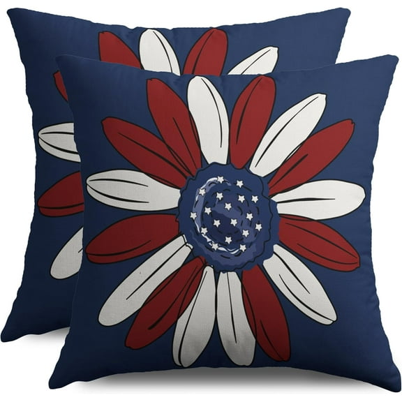Patriotic 4th of July Daisy Pillow Covers 18X18 Set of 2, Blue Red White Flower Decorative Throw Pillow Covers Outdoor Farmhouse Memorial Independence Day Cushion Cases Couch Sofa Bed Decor