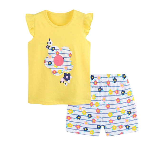 TTUHYWXI Girls Comfortable And Breathable Set Cute Cartoon Printed Short Sleeve Shorts Two Piece Set (Yellow, 6-7 Years)