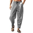 thumbnail image 1 of Pantalones holgados de algodón para hombre, para primavera-verano, con cintura con cordón y bolsillos, de color liso, para uso informal, 1 of 5