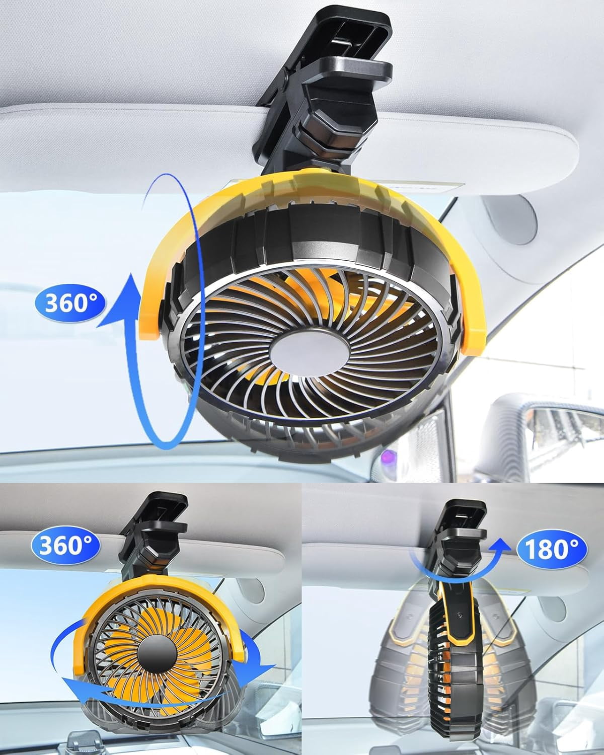 Battery Powered Clip On Fan for Car Visor Back Seat Roof Handles, Portable Car Fan Rechargeable for SUV Van RV Pickup Truck Camping Desk Bed Stroller Baby Crib, Quiet 360 Rotation(Yellow)