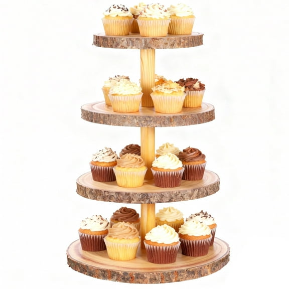4-Tier Wooden Cupcake Stand, 11 x 11 x 17.7 in, Rustic Tiered Display Stand with Bark, Wood Dessert Stands for Parties, Reusable Dessert Tower for Parties, Weddings, and Home Décor