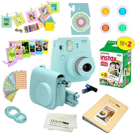 Fujifilm Mini 9 Camera Blue + 15 PC Accessory Kit for Fujifilm mini 9 Instant Camera Includes: 20 Fuji Films + Case + Album + Colored lenses + Assorted color/Style frames + MORE
