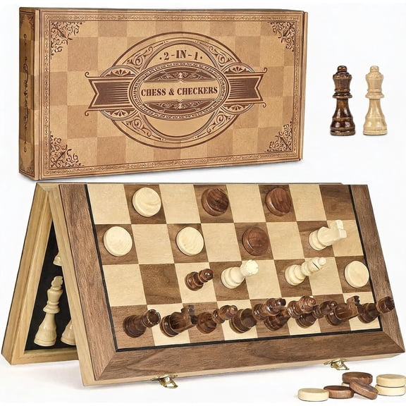 15 Inch Magnetic Wooden Chess and Checkers Game Set with 24 Pieces and Storage Slots