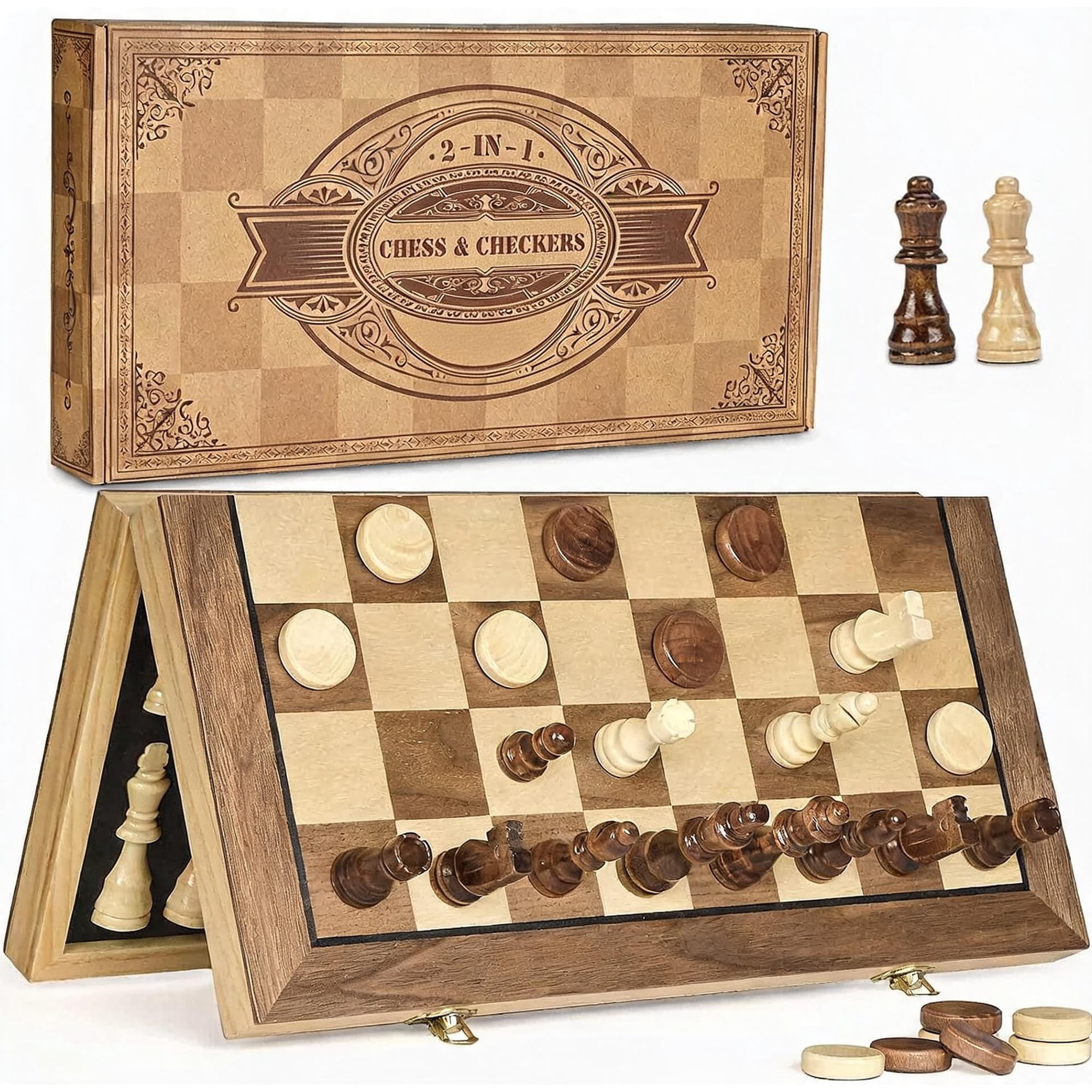 15 Inch Magnetic Wooden Chess and Checkers Game Set with 24 Pieces and Storage Slots