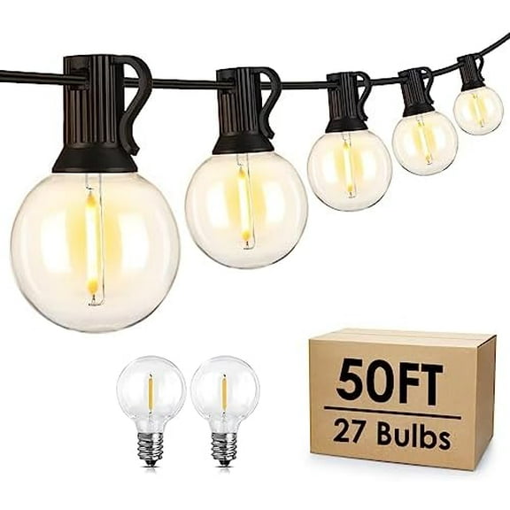 50Ft LED Outdoor String Lights G40 Globe Dimmable Patio Light, Waterproof Hanging String Light with 27 Warm White Shatterproof Bulbs(2 Spare)